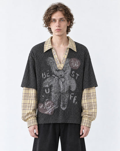 Layered Plaid-Trim Bear Graphic Knit Top