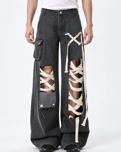 Crisscross Lace Cutout Cargo Jeans