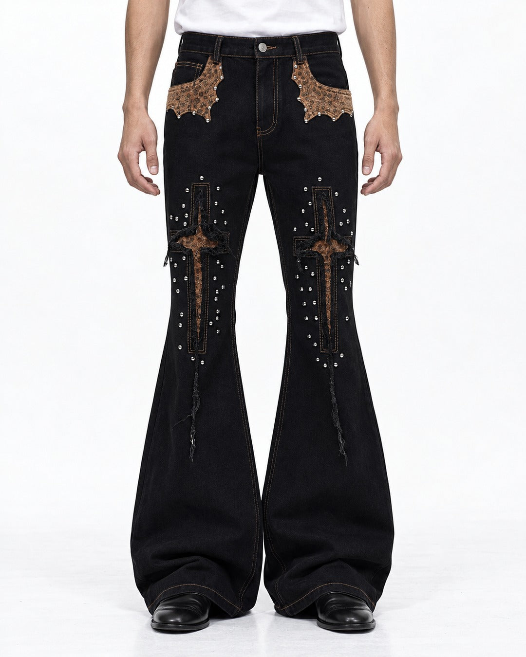 Studded Cross Patch Flared Jeans