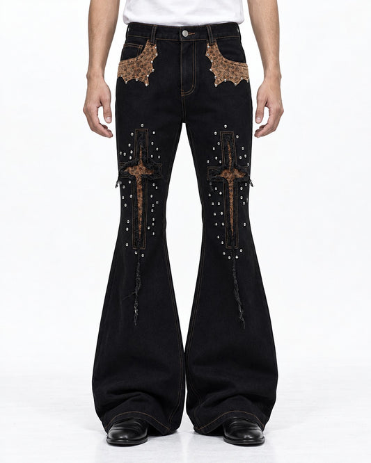 Studded Cross Patch Flared Jeans