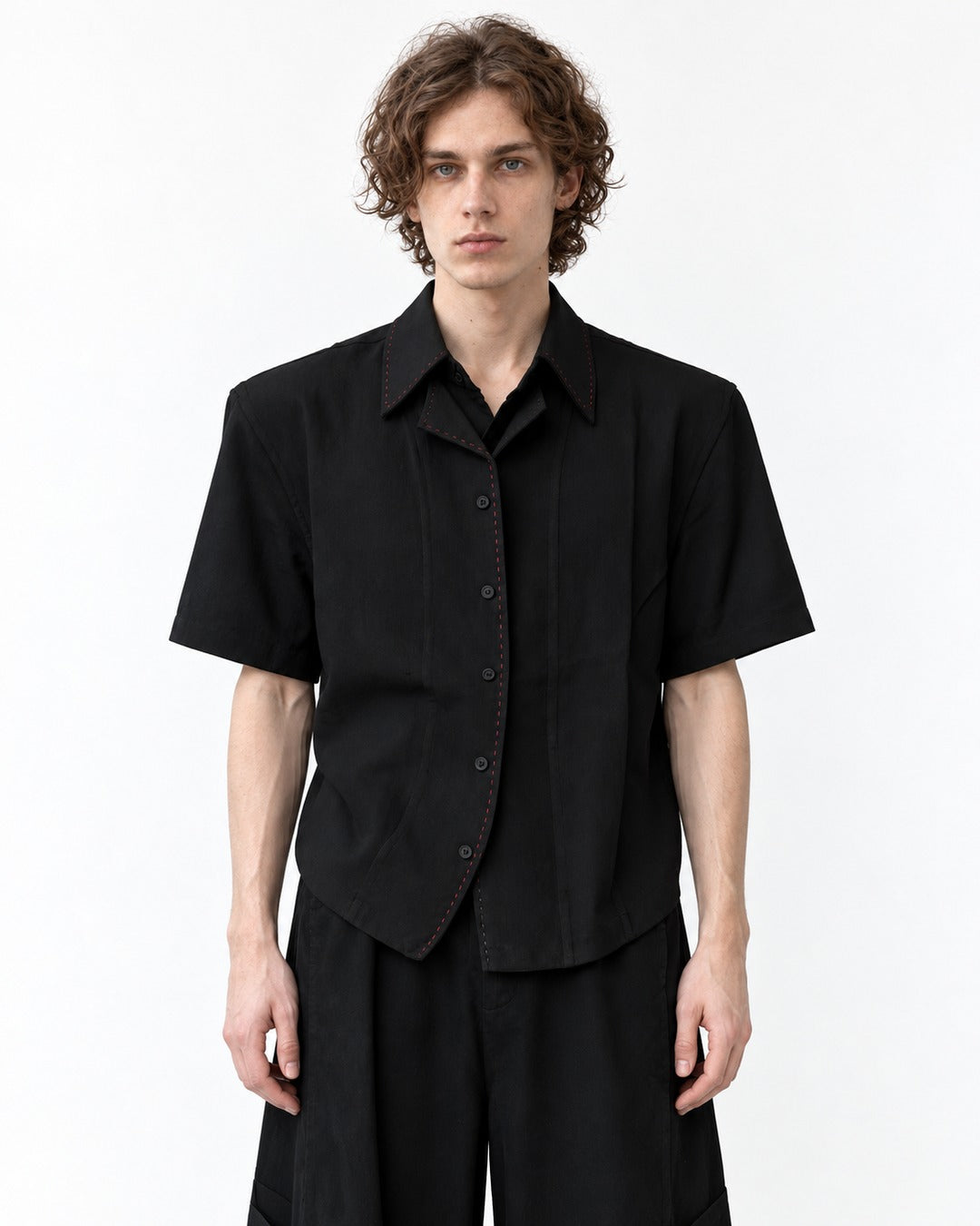 Double Collar Hand-Stitched Short-Sleeve Shirt