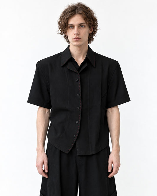 Double Collar Hand-Stitched Short-Sleeve Shirt