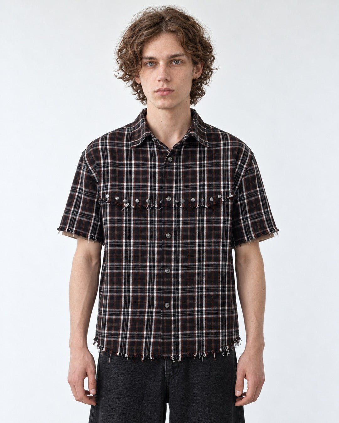 Studded Raw-Hem Plaid Shirt