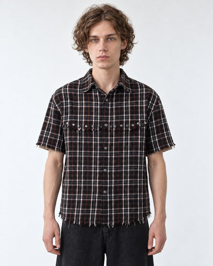 Studded Raw-Hem Plaid Shirt