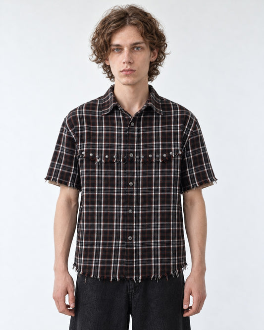 Studded Raw-Hem Plaid Shirt