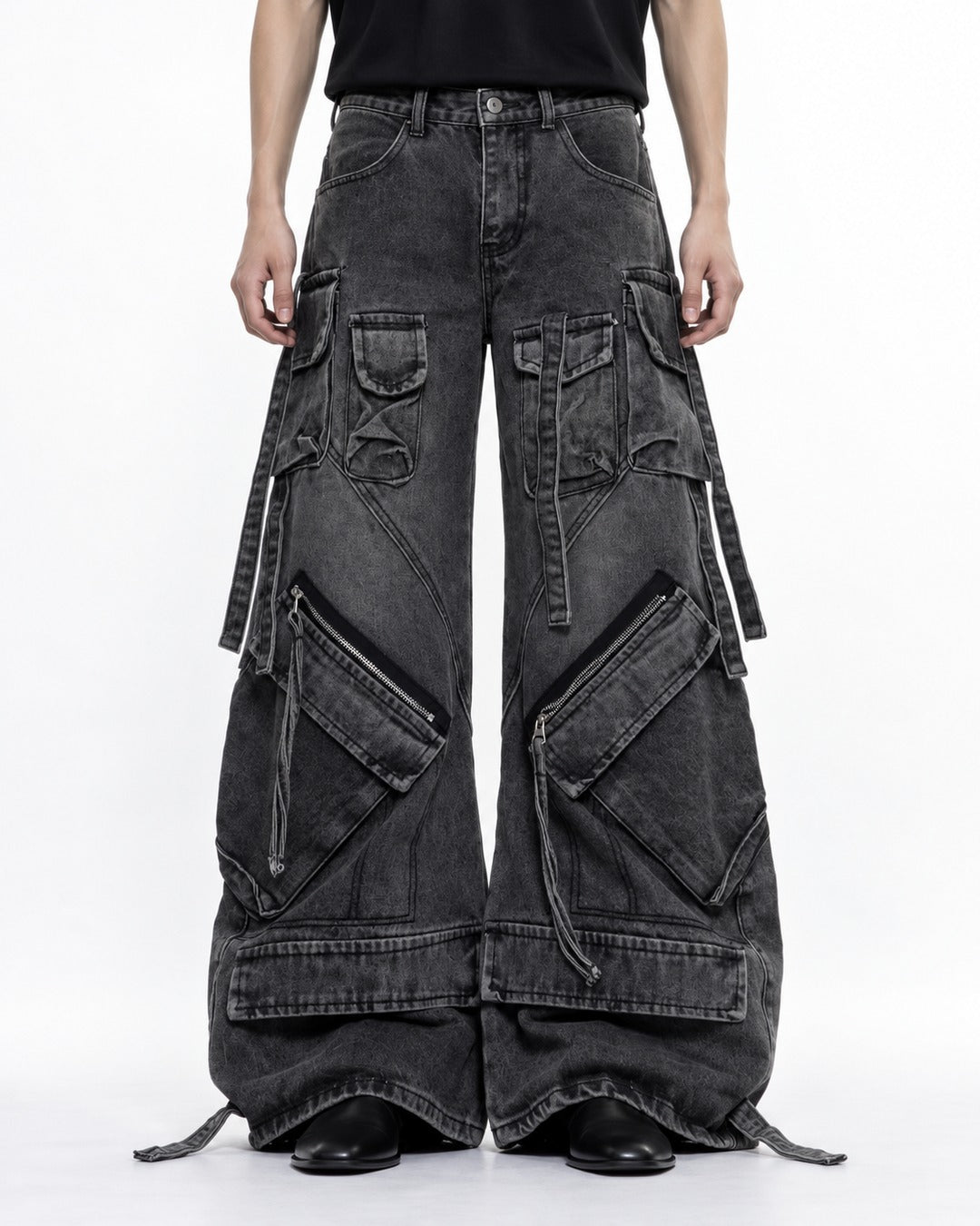 Strap Pocket Washed Wide-Leg Jeans