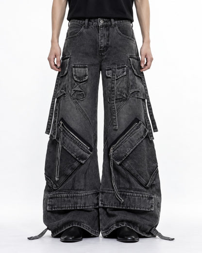 Strap Pocket Washed Wide-Leg Jeans