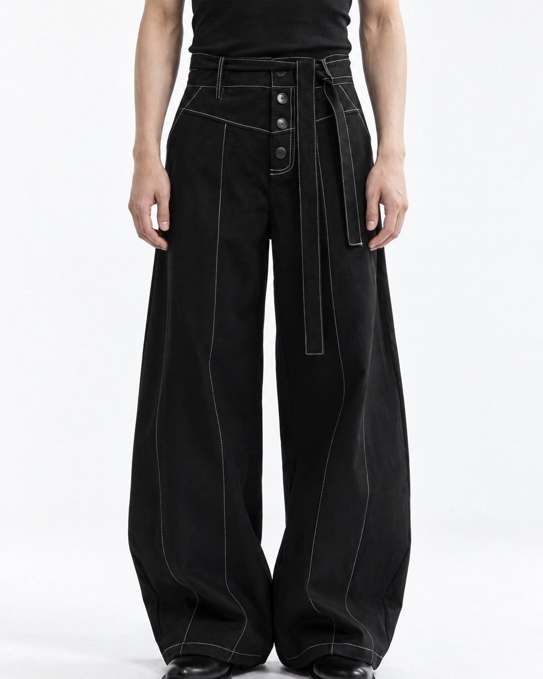 Contrast Stitch Wide-Leg Pants with Tie Belt