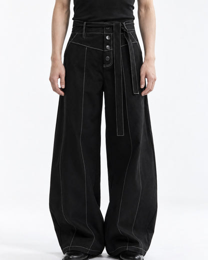 Contrast Stitch Wide-Leg Pants with Tie Belt