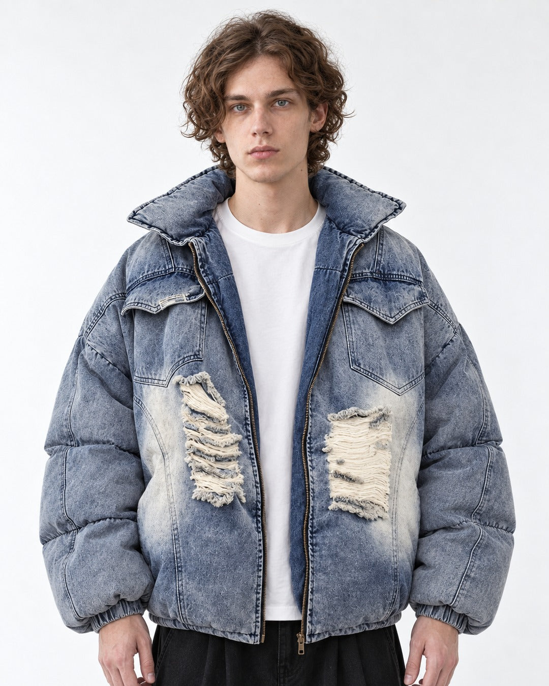 Ripped Patch Denim Puffer Jacket