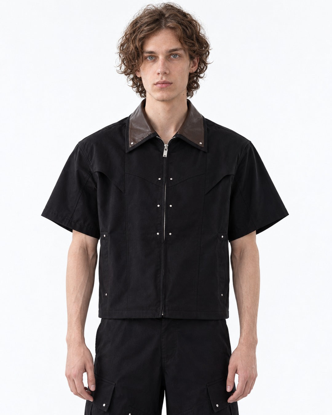 Brown Collar Studded Zip Shirt and Cargo Pants Set