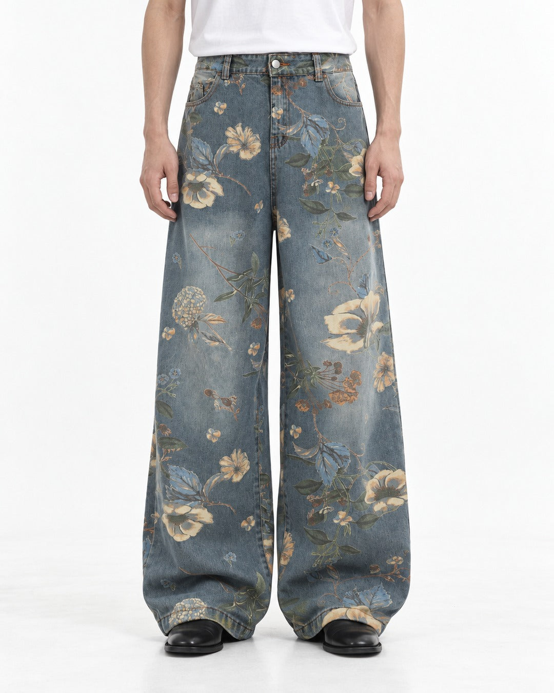 Floral Print Washed Wide-Leg Jeans