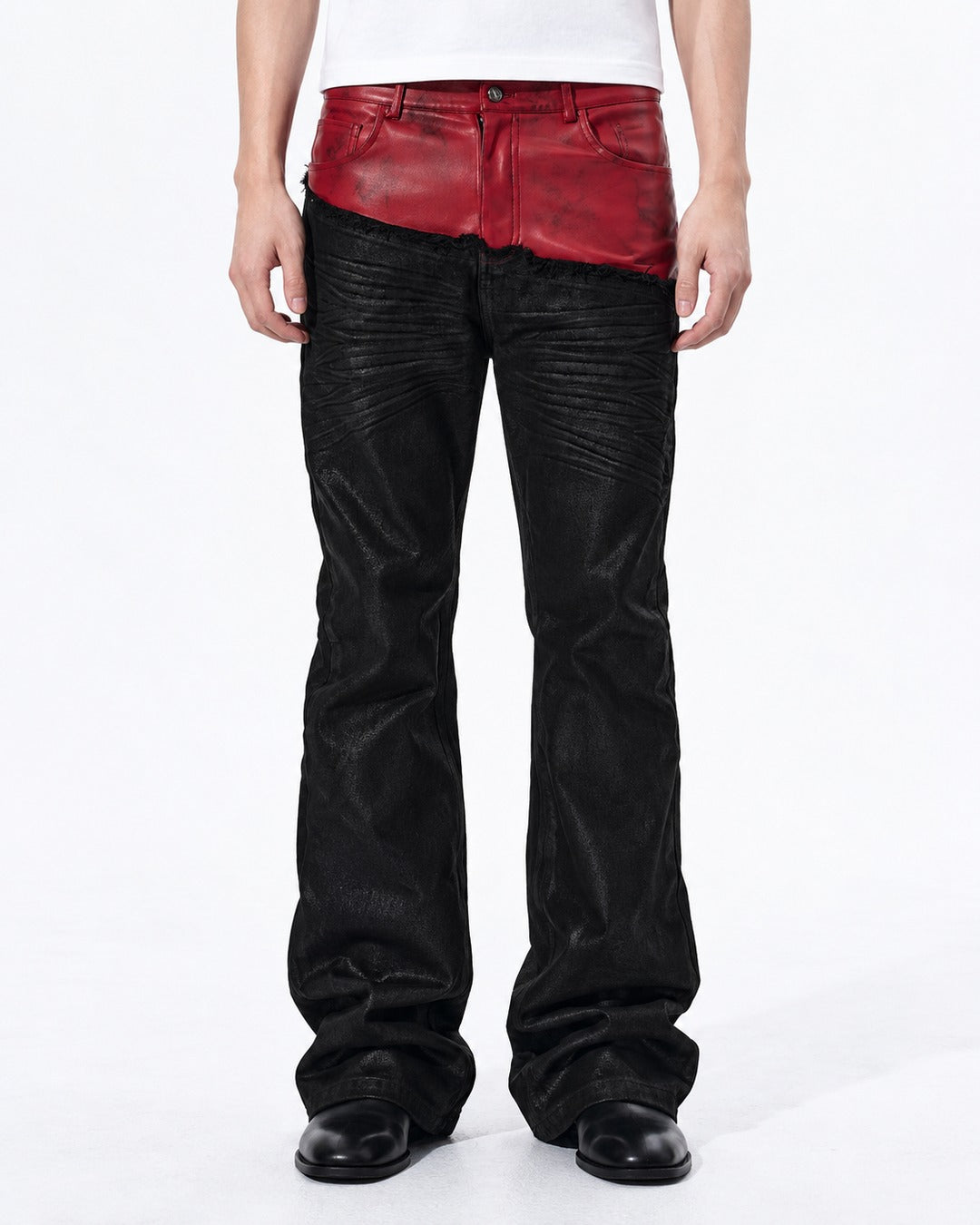 Red Panel Waist Coated Flared Jeans