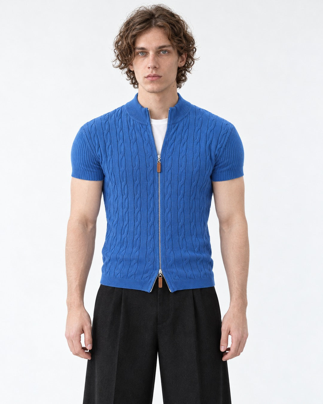Cable-Knit Short-Sleeve Zip Cardigan