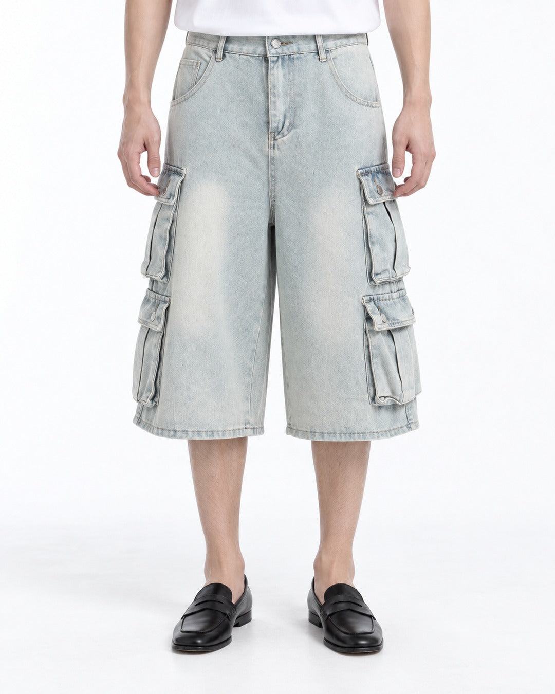 Washed Denim Double Flap Cargo Shorts