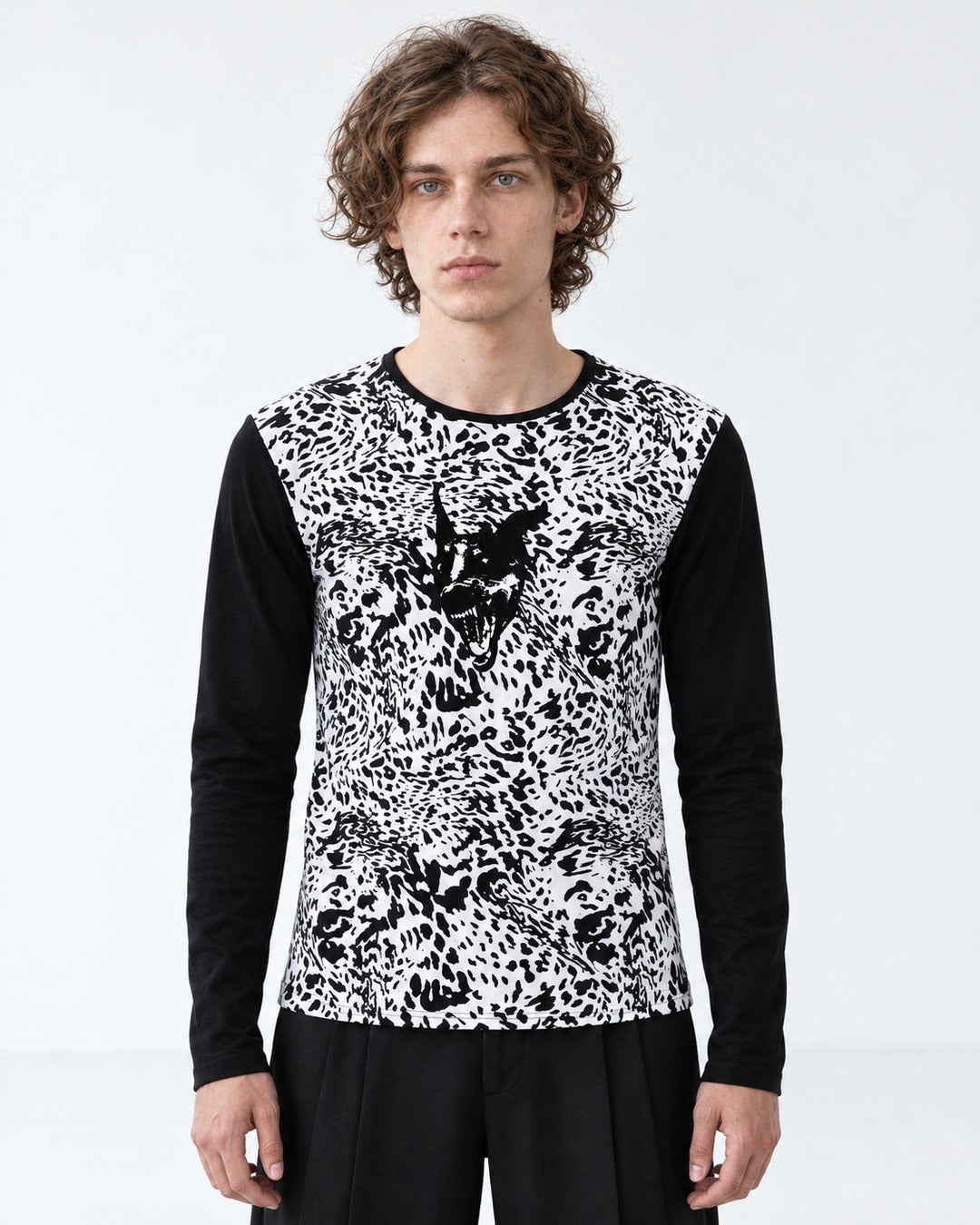 Wolf Head Leopard Color-Block Long-Sleeve T-Shirt