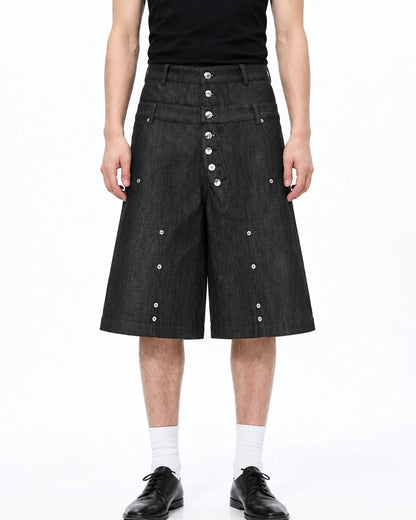 Music Note Embroidered Studded Denim Shorts