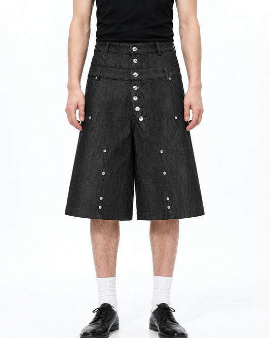 Music Note Embroidered Studded Denim Shorts