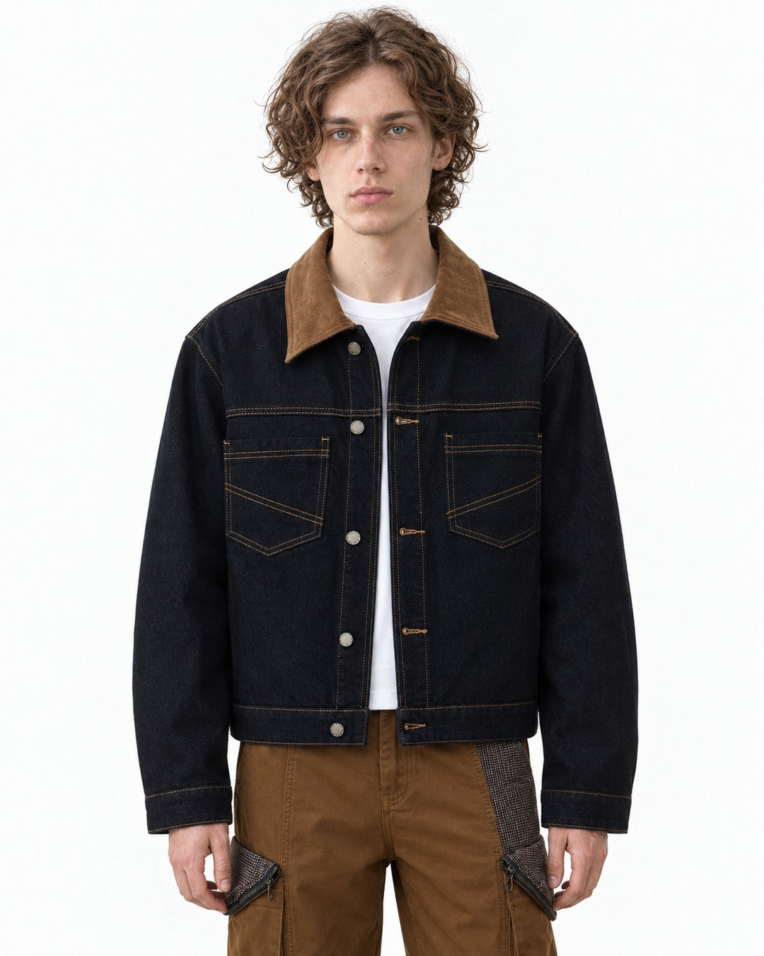 Corduroy Collar Denim Jacket and Cargo Pants Set