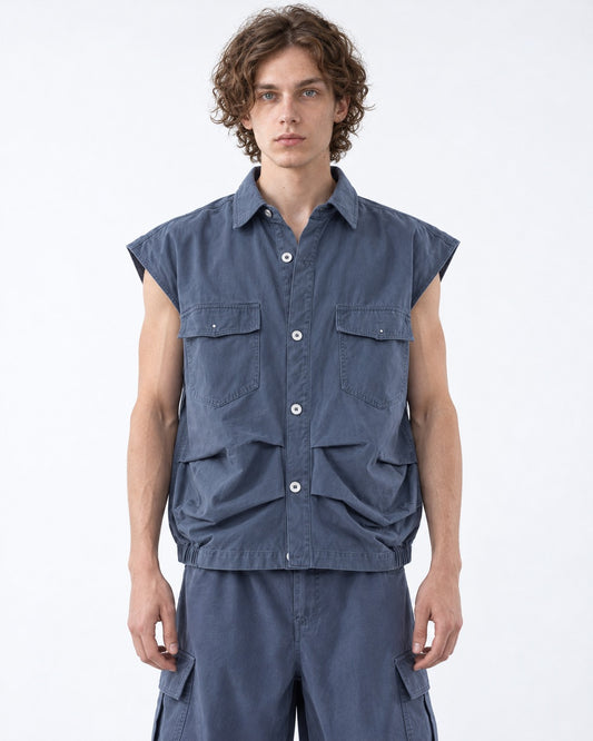 Sleeveless Pocket Shirt and Pleated Cargo Pants Set