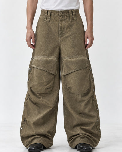 Eyelet Side Washed Wide-Leg Cargo Pants