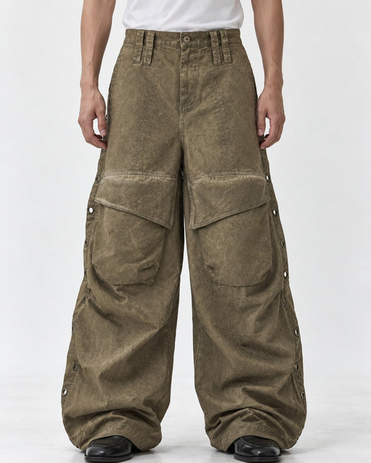Eyelet Side Washed Wide-Leg Cargo Pants