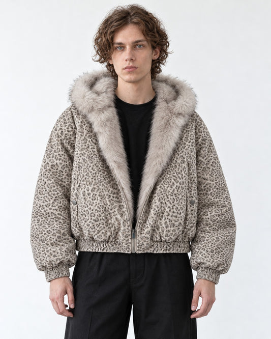Leopard Print Hooded Jacket with Plush Collar