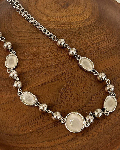 Silver Bead and White Stone Necklace