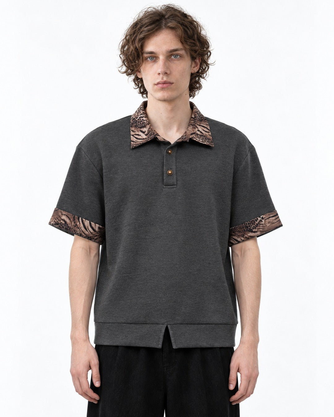 Leopard Print Collar Short Sleeve Polo Top