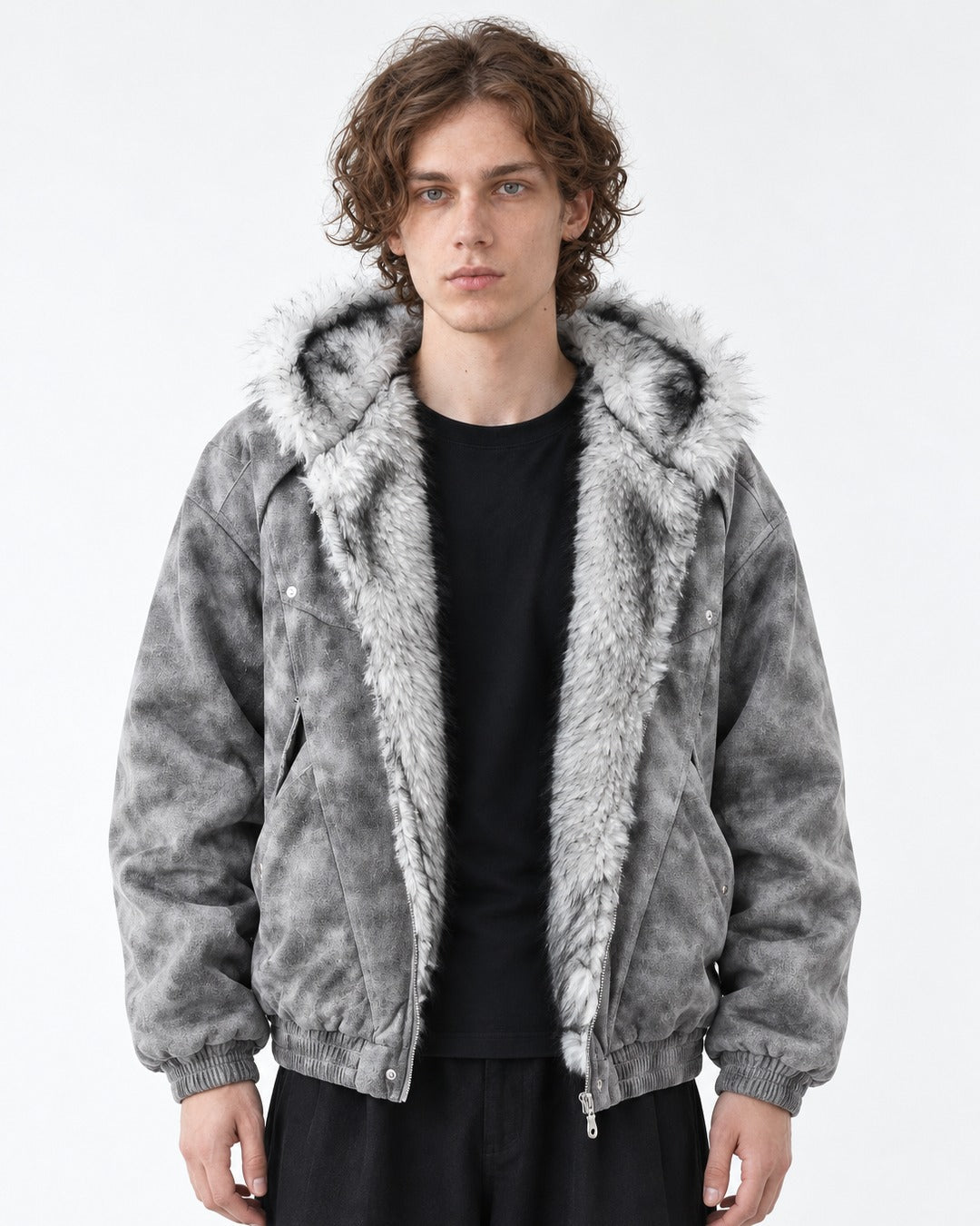 Mottled Grey Faux-Fur Lined Hooded Jacket