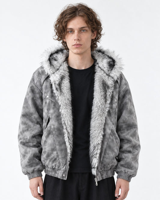 Mottled Grey Faux-Fur Lined Hooded Jacket