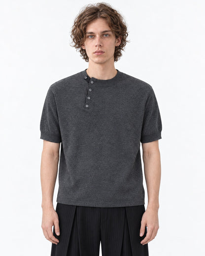 Diagonal-Button Henley Knit Top