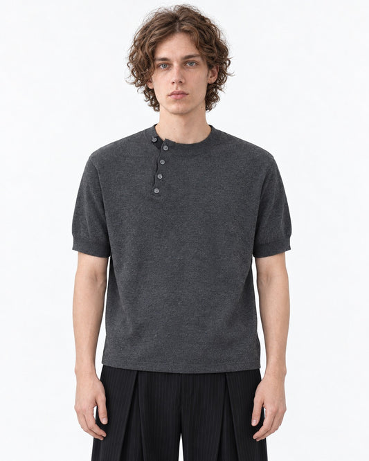Diagonal-Button Henley Knit Top