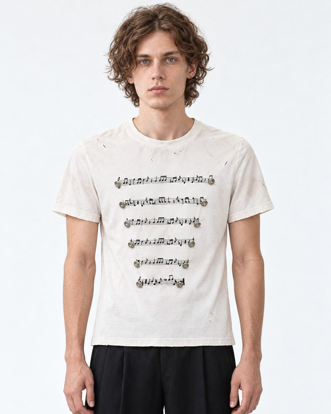 Musical Staff Print Distressed Tee with Metal Buttons