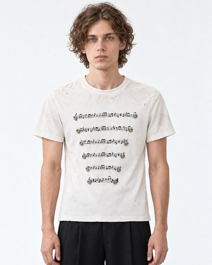 Musical Staff Print Distressed Tee with Metal Buttons