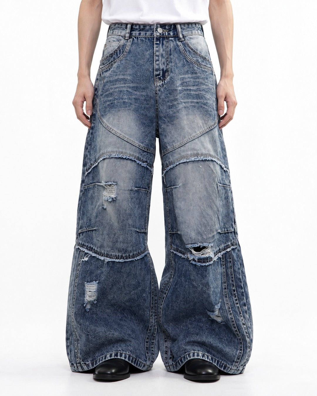 Stacked-Panel Frayed Blue Wide-Leg Jeans