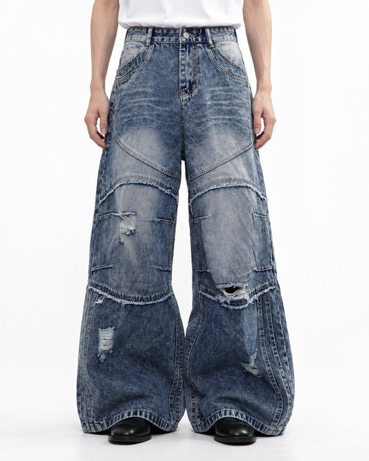 Stacked-Panel Frayed Blue Wide-Leg Jeans