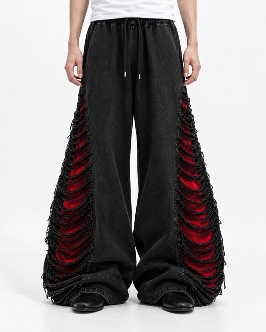 Slashed Red-Lined Wide-Leg Pants