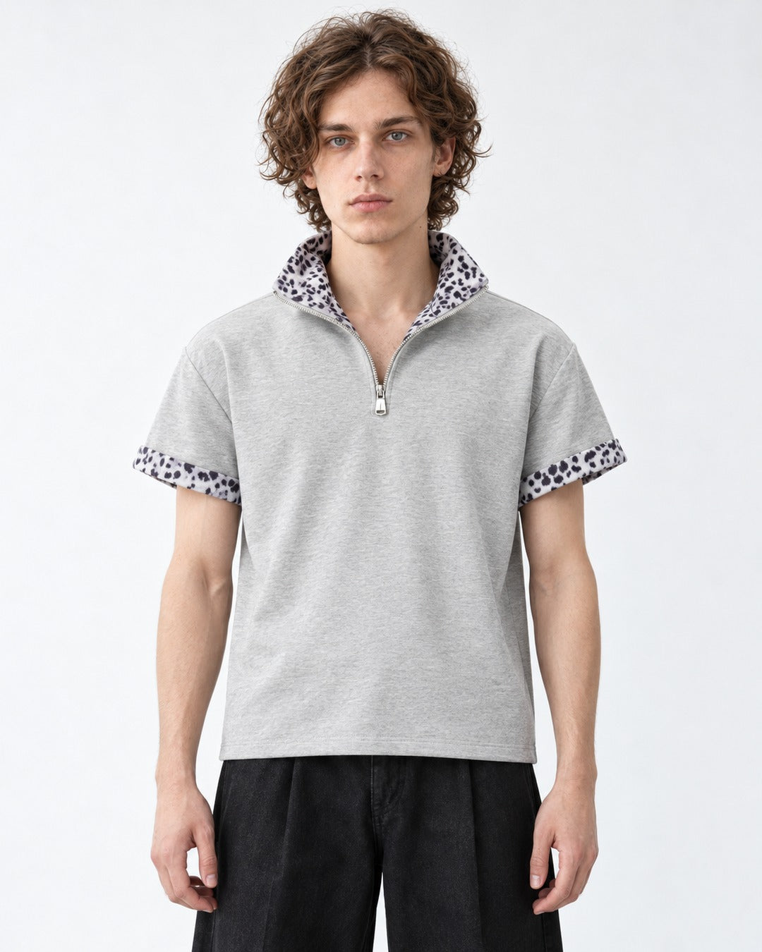 Leopard Collar Half-Zip Top