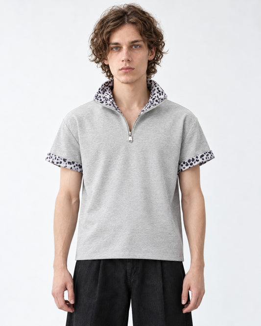 Leopard Collar Half-Zip Top