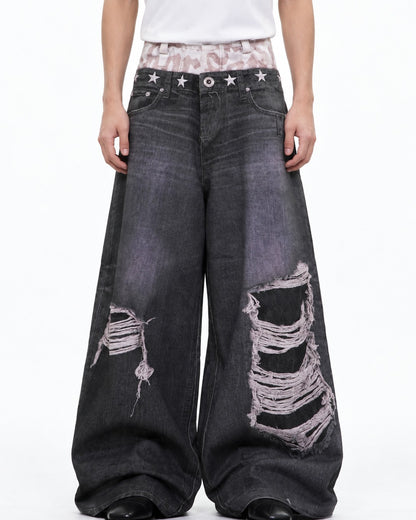 Star-Stud Double Waistband Shredded-Knee Jeans