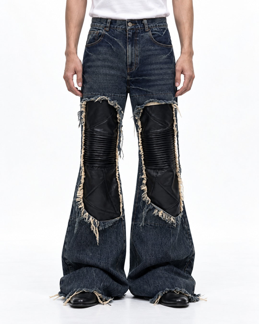 Leather Knee Patch Flared Jeans