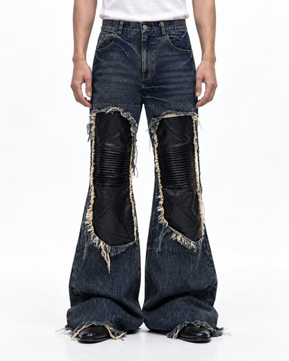 Leather Knee Patch Flared Jeans