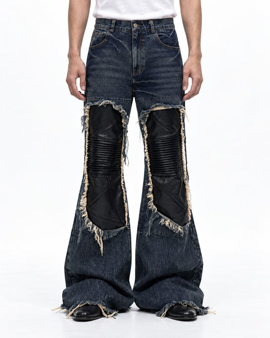Leather Knee Patch Flared Jeans