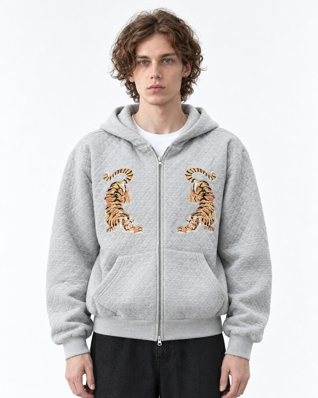 Tiger Embroidered Quilted Zip Hoodie