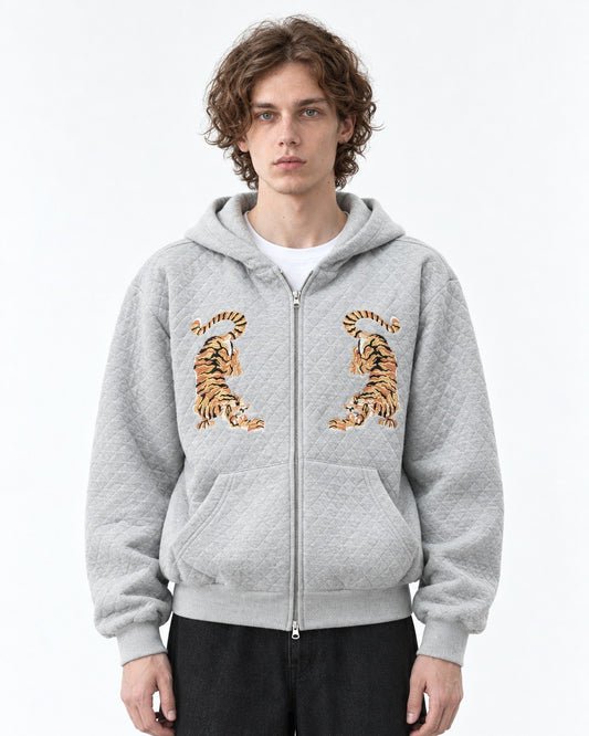 Tiger Embroidered Quilted Zip Hoodie