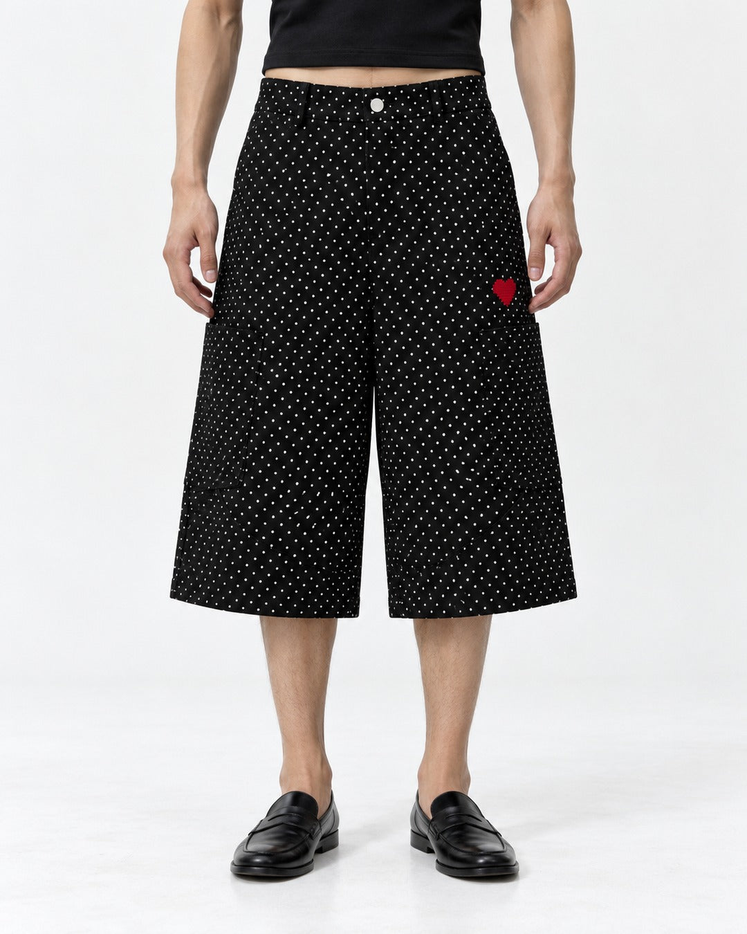 Polka Dot Wide Knee-Length Pants with Heart Embroidery