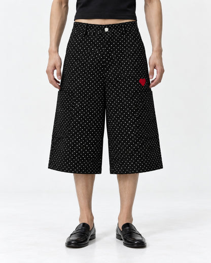 Polka Dot Wide Knee-Length Pants with Heart Embroidery