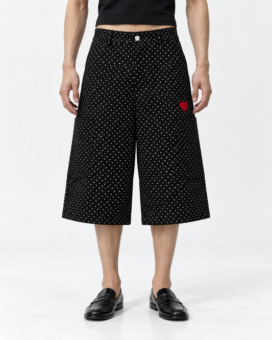 Polka Dot Wide Knee-Length Pants with Heart Embroidery