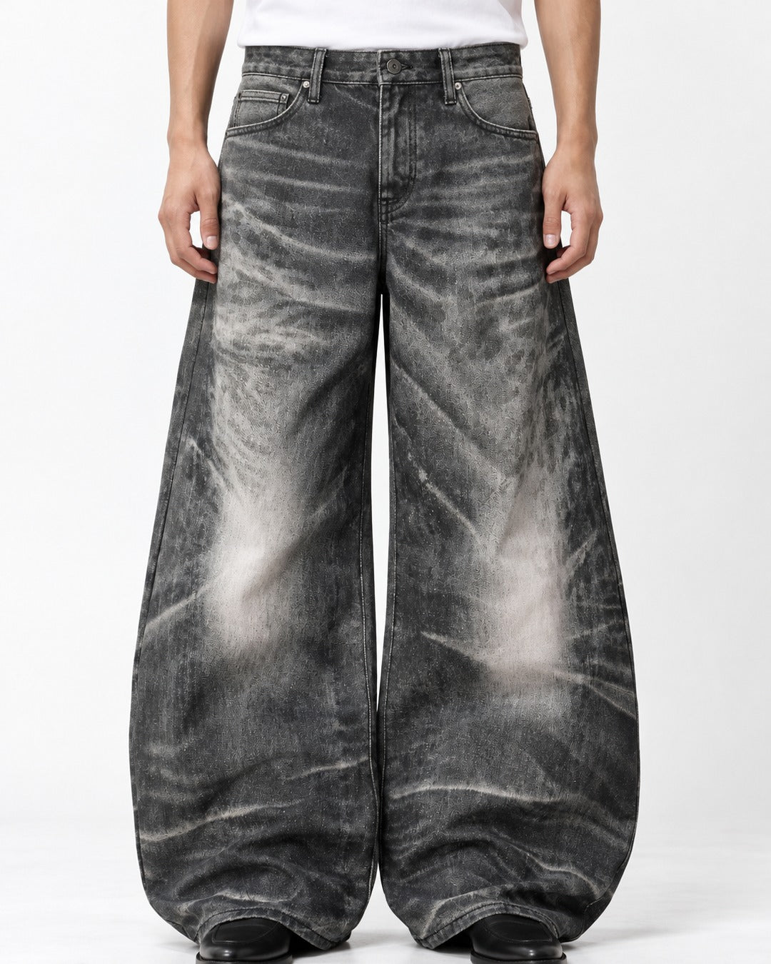 Whiskered Faded Wide-Leg Jeans